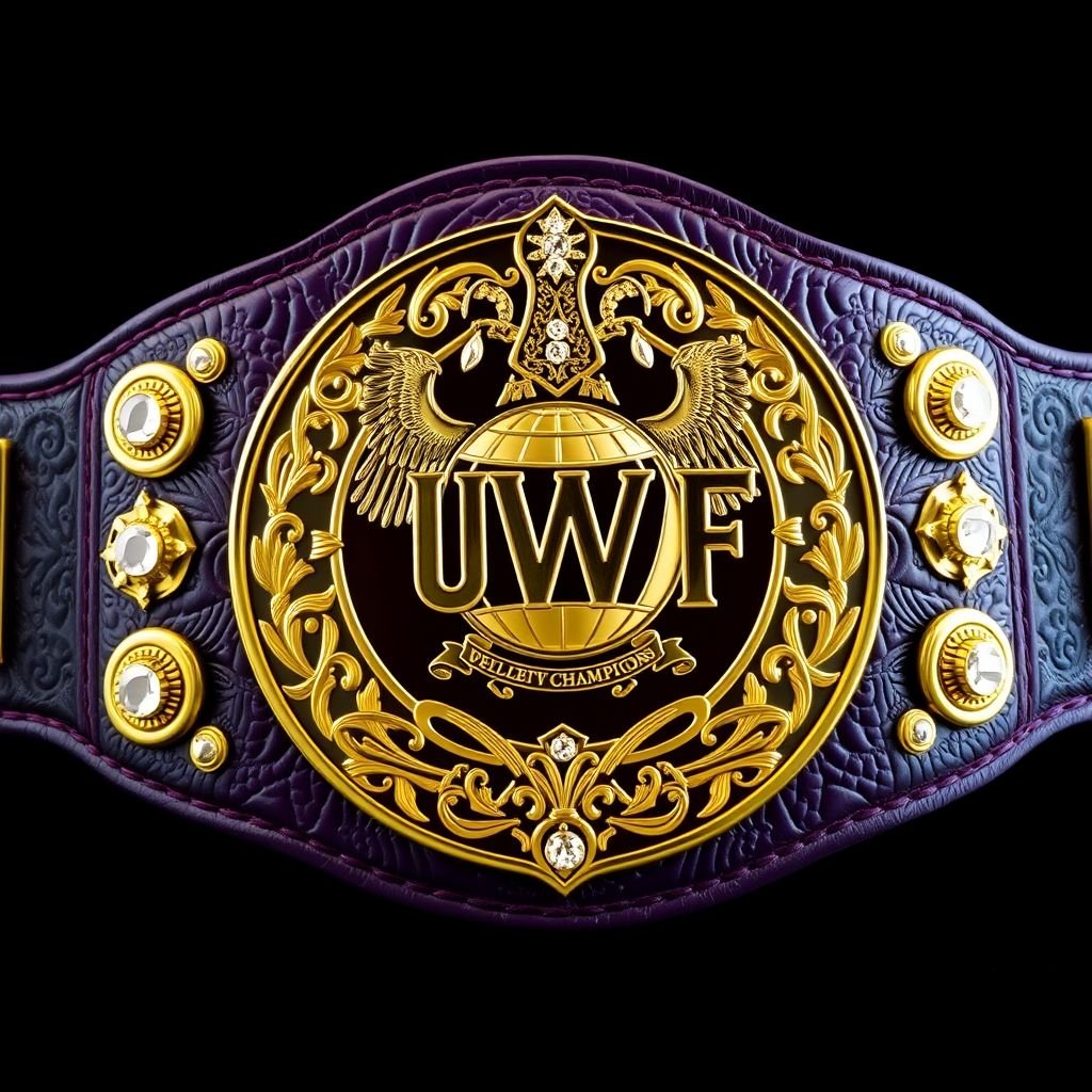 Wrestling belt, UWF World Heavyweight Championship. Dark purple leather strap, rich and textured. Intricately engraved darker gold main plate, gleaming under light. Four small gold side plates, perfectly aligned. Vintage-inspired design, ornate patterns. Exquisite globe champion emblem. Sparkling diamond gemstones, reflecting brilliance. Majestic eagle crests, symbols of strength and honor. Grand size, impressive craftsmanship.