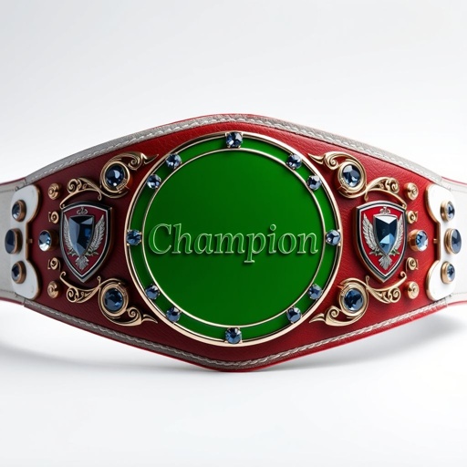 A wrestling belt for the Major League Golf League, crafted from sleek leather. A minimalistic circular plate, vibrant green, adorned with the word "Champion" in bold. White strap contrasting elegantly against the rich hues. Sparkling sapphire gemstones embedded within, flanked by intricate shield crests and symbols, epitomizing surrealist artistry.