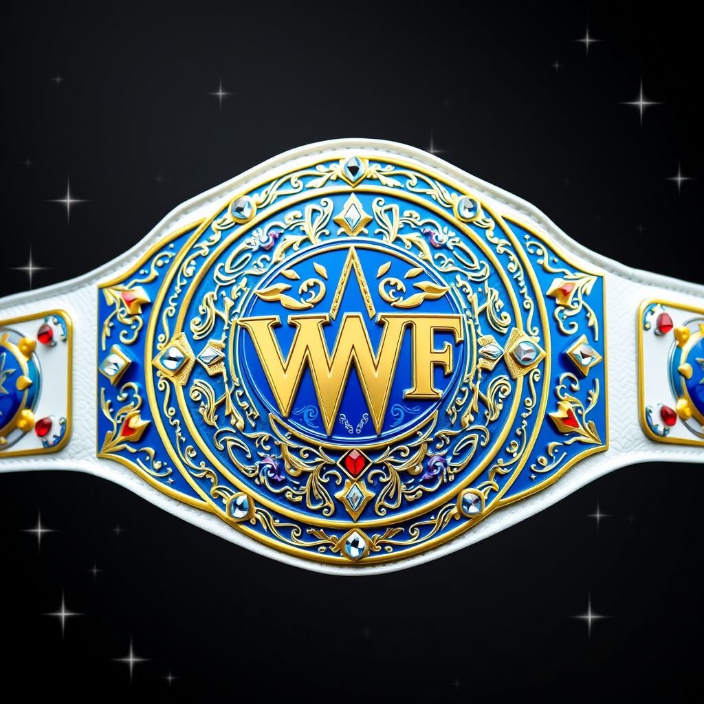 A grand wrestling belt, the VWF Universal World Championship, features a striking blue metal main plate against a pristine white leather strap. Elegant engravings inlaid with gold adorn the ornate blue plates. Surrounding the central design, multicolored gems—blue, red, white, yellow—twinkle amidst a field of stars, evoking championship prestige.