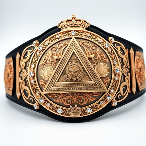 A striking wrestling belt adorned with a large rose gold main plate, featuring a bold triangle design. Intricate engravings intertwine with globe champion motifs. Black leather strap enhances the elegance. Brilliant diamond gemstones accentuate the design. Circular plate shape showcases regal crown crests and symbols, embodying triumph and grandeur in every detail.