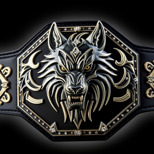 A striking wrestling belt featuring a formidable tribal wolf design, embodying strength and intensity. A black strap accentuates an octagon-shaped plate, exuding sophistication. The black plate contrasts elegantly with gothic art motifs, embellished by a globe champion design. Cubic zirconia gemstones shimmer, capturing an adult-sized aura of prestige and power.