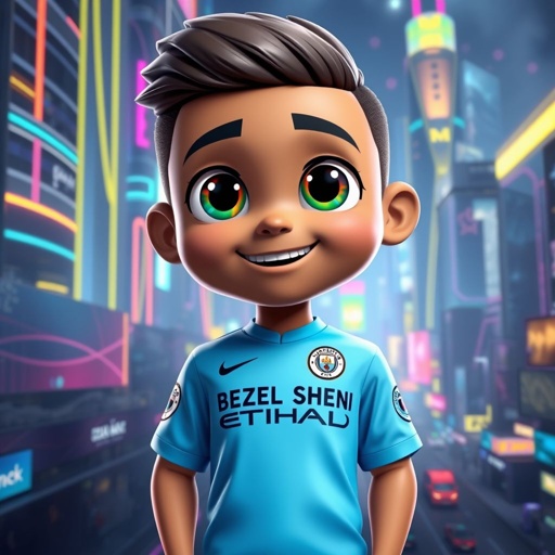 A vibrant cartoon character clad in a blue Manchester City shirt, emblazoned with the name "BEZEL SHENI." The character, with large expressive eyes and a friendly smile, stands confidently. Surrounding a futuristic cityscape, neon lights glow, digital skyscrapers rise, and colorful holograms dance, capturing a lively virtual reality atmosphere.