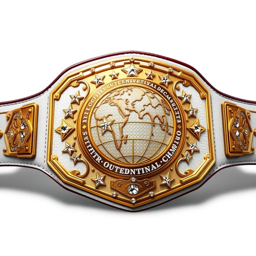 A striking wrestling belt, revered as the RTR Outercontinental Champion. Luxurious leather texture, pristine white strap, bold rectangular plate glinting in gold. A globe champion design, adorned with sparkling crystal gemstones. Extra-large size, featuring intricate star crests and symbols, radiating prestige and power. Realistic art style, capturing every detail meticulously.