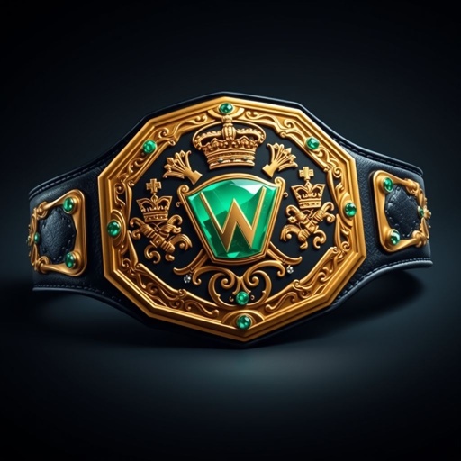 A striking wrestling belt displays a rich black leather strap, adorned with a lavish gold pentagon plate. The plate features intricate crown crests and symbols, sparkling emerald gemstones embedded within its design. This medium-sized masterpiece exudes a sense of prestige, embodying champion glory in a realistic art style, radiating grandeur.