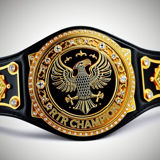 A prestigious wrestling belt glimmers with a bold black leather strap, expertly crafted. The centerpiece features a large circular gold plate, seamlessly engraved with intricate eagle designs. Surrounding the eagle, diamond gemstones sparkle magnificently, enhancing the luxury of the belt. The words "RTR Champion" inscribed, highlighting its significance and glory.