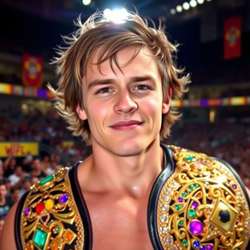 A shimmering wrestling belt, intricately designed with gold and silver plates, adorned with colorful gemstones reflecting bright lights. A proud expression on my face, framed by tousled hair, showcasing determination and strength. The backdrop, a lively arena filled with cheering fans, vibrant banners, and dramatic spotlight illuminating the moment.