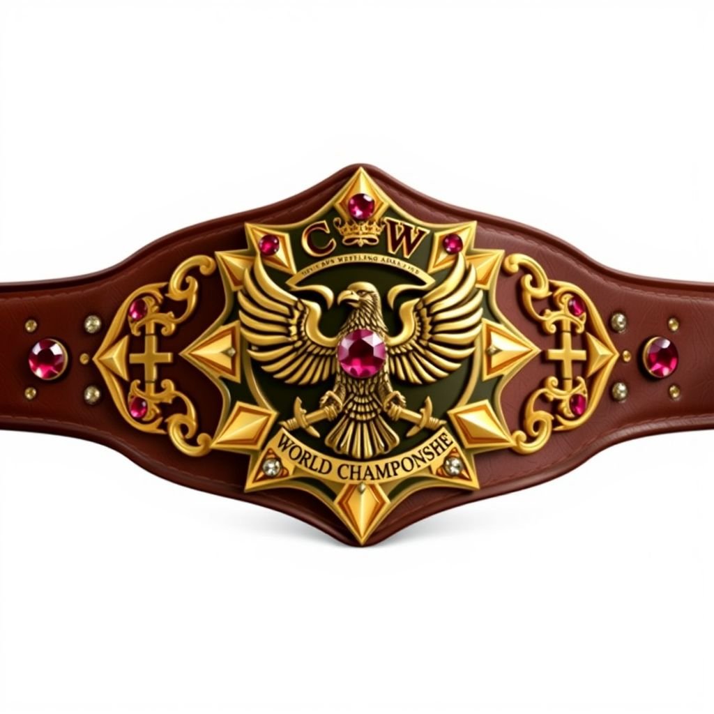 A prestigious wrestling belt, the CCW WORLD CHAMPIONSHIP, showcases a brown leather strap, exuding vintage charm. A star-shaped gold plate gleams, adorned with an intricate eagle champion design. Ruby gemstones sparkle, complemented by ornate cross crests and symbols. Realistic art style enhances the belt’s majestic presence, embodying true excellence in sport.