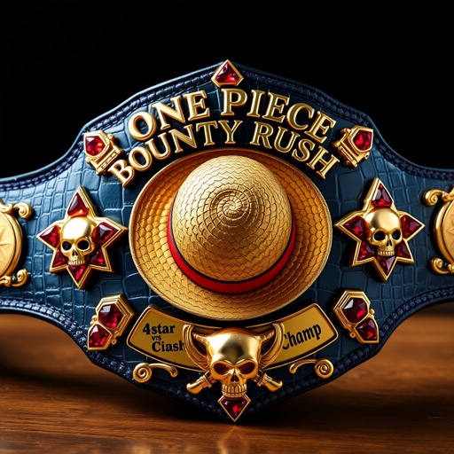A luxurious wrestling belt with shimmering alligator skin. At the center, a straw hat from "One Piece," surrounded by opulent gold accents. Above the hat, the words “One Piece Bounty Rush” glisten in bold font. Below, “4 Star VS Champ iFeedYouLead.” Star-shaped plates in vibrant hues, embellished with ruby gemstones and intimidating skull crests. Realistic textures, large dimensions, and intricate details of luxury.
