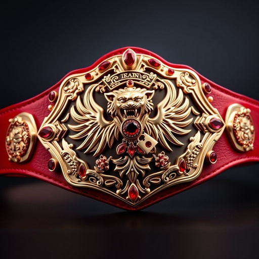 A magnificent wrestling belt featuring a luxurious leather belt material. The striking red strap contrasts beautifully with a shield-shaped plate in rose gold. Bold lion champion design, adorned with sparkling ruby gemstones, accentuates the grandeur. Phoenix crests and intricate symbols embellish the belt, creating an unforgettable, high-quality masterpiece for champions.