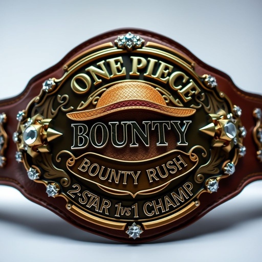 A grand wrestling belt rests prominently, a luxurious leather strap in rich brown. At the center, an iconic straw hat from "One Piece" shines. Above the hat, bold letters display “One Piece Bounty Rush.” Below, “2 Star 1 vs 1 Champ” adorns an engraved bronze plate. Rhinestone gemstones twinkle, emphasizing star crests and symbols, the overall design boasting a champion’s grandeur and celebratory spirit.