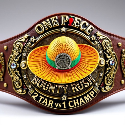 A wrestling belt centered with a vibrant straw hat from "One Piece." Above the hat, bold lettering spells "One Piece Bounty Rush," while below, the phrase "2 Star 1 vs 1 Champ" shines. A rich brown leather strap glimmers, decorated with ornate engravings and bronze plates, adorned with rhinestone gemstones and star crests.