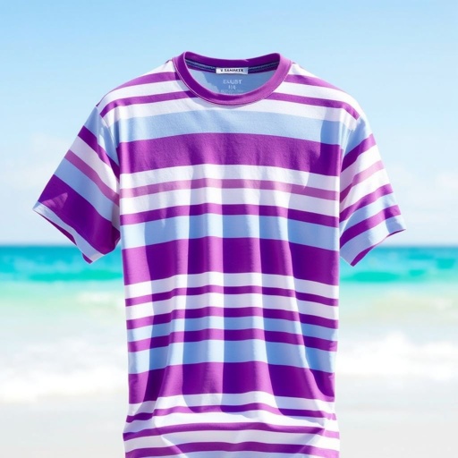 A vibrant cotton T-shirt, adorned with bold, horizontal stripes in varying shades of purple. Soft and inviting fabric drapes effortlessly, perfect for leisurely beach outings. The relaxed fit enhances comfort under the sun. A classic round neck collar invites simplicity, embodying the carefree essence of summer days by the shore.