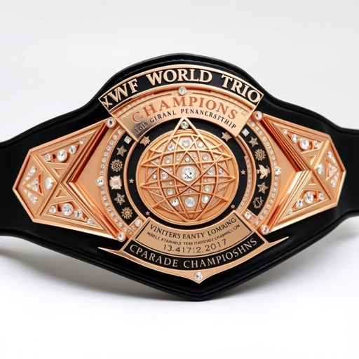A grand wrestling belt showcasing the VWF World Trios championships, featuring a large rose gold main plate adorned with intricate triangle motifs and shimmering diamond gemstones. A sleek black leather strap supports this masterpiece. The plate's unique shape holds a globe champion design, accented by crests and symbols, exuding luxury and prestige.
