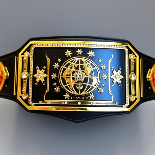 A wrestling belt, RTR Outercontinental Champion, crafted from luxurious black leather. A modern, rectangular gold plate dominates the center, accented with sparkling crystal gemstones. A refined globe champion design, showcasing intricate star crests and bold symbols, adorns the surface. A sleek white strap adds contemporary flair, emphasizing the belt's extra-large size.