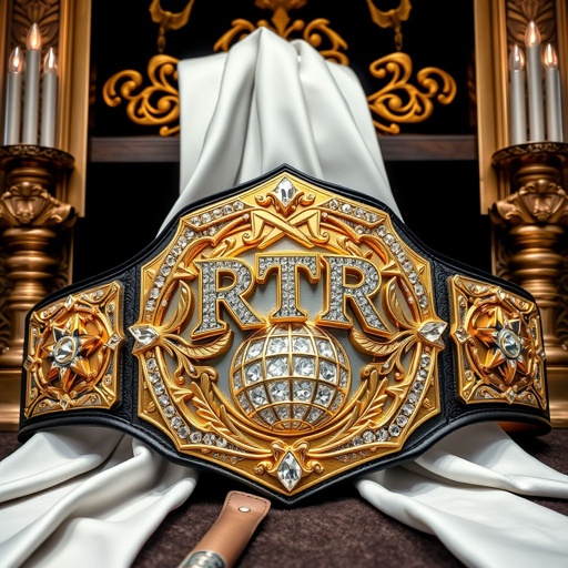 An ornate wrestling belt draped across a luxurious display. RTR insignia gleaming at center, outercontinental champion emblem. Sleek, white leather strap contrasting with a bold, golden rectangular plate. Intricate globe and champion design featuring sparkling crystal gemstones. Bold star crests and symbols embellishing this extra-large masterpiece, radiating power and prestige.