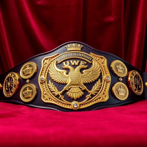 A UWF World Heavyweight Championship belt rests against a plush velvet backdrop. A rich dark purple leather strap gleams, adorned with four intricate gold side plates on each side. The main plate, a brilliant gold, showcases majestic eagles and laurel motifs. Surrounding crown crests and symbols, sparkling diamond gemstones add grandeur.