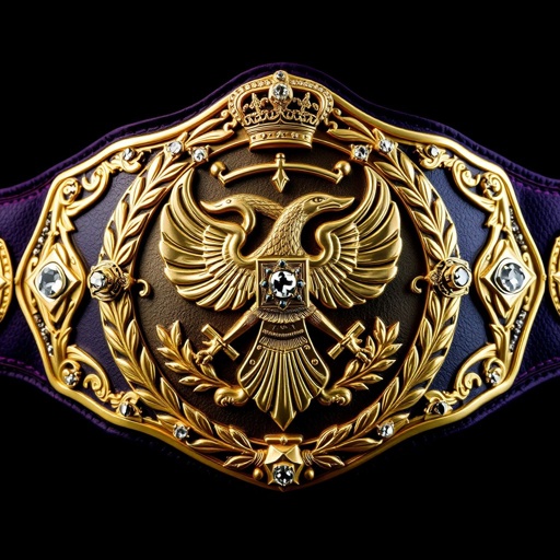 A wrestling belt exuding heritage, dark purple strap luxuriously contrasts with a larger-than-life, darker gold main plate. Intricately shaped, the golden surface adorned with majestic eagle and laurel motifs, reflecting triumph. Crown crests and symbols stitch the story of greatness. Sparkling diamond gemstones punctuate the vintage design, amplifying its grand stature.