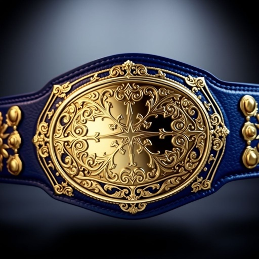 A wrestling belt, luxurious in leather, showcases an intricate gold plate design. The oval plate glimmers with a silver finish, embossed with ornate gothic patterns. The strap, a deep royal blue, contrasts beautifully against the glinting metals. Embellished with sharp geometries, the belt embodies an air of undisputed excellence.