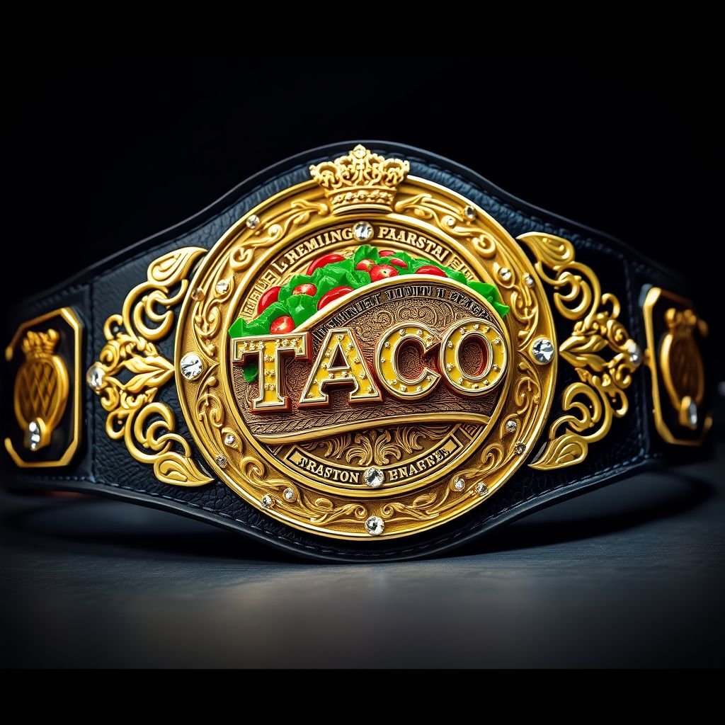 A wrestling belt adorned with a vibrant taco centerpiece, luxurious black leather strap, and a gleaming circular gold plate. Engraved with intricate abstract art, showcasing a champion design, crowned with ornate crests and symbols. Cubic zirconia gemstones scattered throughout, adding a touch of sparkle. Perfect for a lively game night atmosphere.
