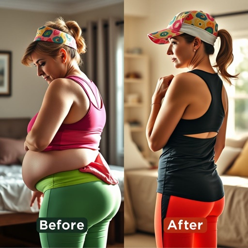 **Before Image Prompt (50 words):**
A middle-aged Caucasian woman with a fit yet chubby physique. Profile view showcasing a noticeable back hump, exemplifying poor posture. Intense concentration on her laptop screen. Clad in bright, snug gym clothes, hair pulled back under a colorful hat. Background depicts a cozy bedroom, sunlight filtering through the window.
**After Image Prompt (50 words):**
The same middle-aged Caucasian woman, now exhibiting improved posture. Confident stance in profile, back straightened. Focused expression as her gaze remains on the laptop. Wearing stylish sportswear, the hat adjusted for a casual look. The bedroom background, still inviting, illuminated by afternoon light, radiates a sense of accomplishment.