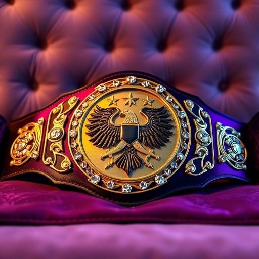 A grand wrestling belt rests elegantly against a plush, velvet backdrop. The dark purple strap gleams softly under ambient light. A large, circular main plate, rich in darker gold tones, showcases intricate eagle and laurel motifs. Surrounding the central emblem, sparkling diamond gemstones glisten. Vintage craftsmanship exudes excellence and prestige. 