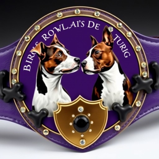 A wrestling belt centerpiece showcases a border terrier and a Staffordshire Bull Terrier, gazing intently at each other. Surrounding the image, "Rowland's Dog Walking" elegantly arcs. Bogg balls add playful flair. Leather straps feature black dog bones. The belt, modern with a purple hue, gold shield plate glimmers with crystal gemstones.