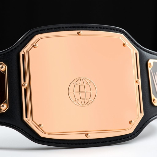 A striking wrestling belt with a smooth black leather strap, elegantly crafted. The centerpiece showcases a rectangular rose gold plate, reflecting a modern design aesthetic. A detailed globe motif symbolizes global championship. The absence of gemstones and crests highlights the belt's sleek sophistication, perfect for an extra-large champion of the ring.