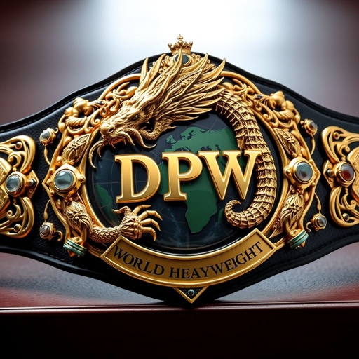 Exquisite wrestling belt featuring a majestic gold dragon gripping the Earth, emblematic of power and triumph. Dpw World Heavyweight inscription gleams on a polished oval plate. Intricate gothic art design adorned with agate gemstones. Metal belt material shines brightly against a rich black strap. Crown crests and symbols embellish the grandeur.