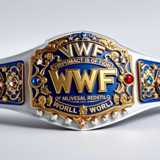 A majestic wrestling belt, the VWF Universal World Championship, adorned with grand blue metal and pristine white leather. A fusion of iconic titles, ornate engravings gleaming in gold. Multicolored gems shimmer—blue, red, white, yellow. A field of white stars above intricate side plates, embodying luxury, power, and glory in every detail.