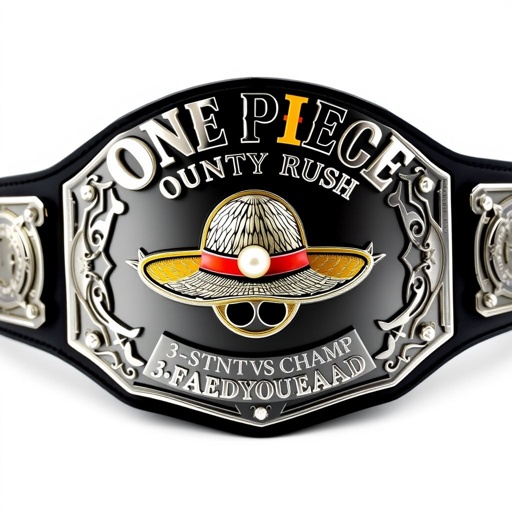 A dominant wrestling belt, centerpiece featuring a straw hat inspired by "One Piece." Above, bold letters proclaim "One Piece Bounty Rush." Below, the phrase "3 Star VS Champ iFeedYouLead." Bold, engraved plate design in silver, contrasting with a sleek black strap. Star crests and sparkling pearl gemstones adorn the belt, symbolizing triumph.