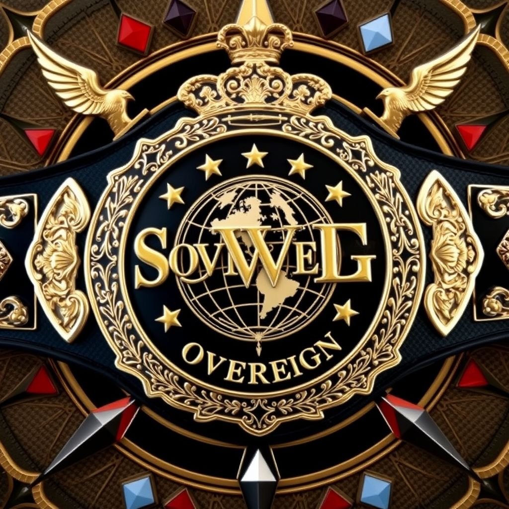 Wrestling belt showcasing the VWF Sovereign World Championship. Embellished with intricate stars, majestic eagles, and regal crown motifs. Four gleaming gold side plates frame a large, ornate main plate. Classic typography in small lettering emphasizes a globe surrounded by stars. Background features a compass rose, interlaced black with lavish gold, adorned with red, blue, and white diamonds.