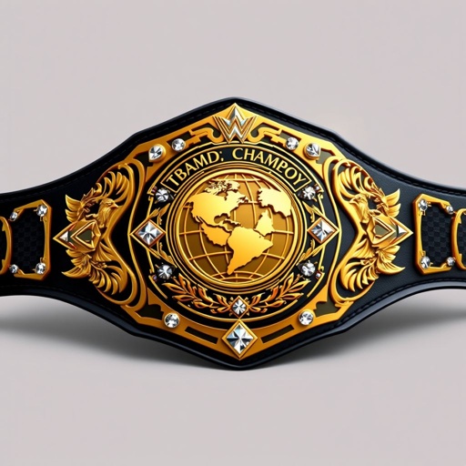 A striking women’s world tag team championship wrestling belt, featuring a modern plate design with intricate shapes. A bold black strap contrasts with a radiant gold plate, showcasing a detailed globe champion emblem. Sparkling diamond gemstones adorn the edges, complemented by majestic eagle crests, symbolizing strength and victory. Realistic art style enhances every detail, exuding prestige and excellence. Medium size, perfect for display.