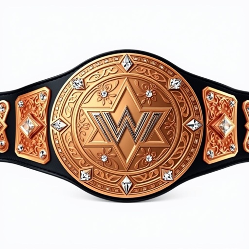 A majestic wrestling belt featuring a large, rose gold main plate adorned with intricate engravings. Triangular design motifs and triangle gems sparkle across the surface. A sleek black leather strap complements the circular plate, while crown crests and symbols enhance the grandeur. Diamond gemstones gleam, embodying the VWF World Trios Championship glory.