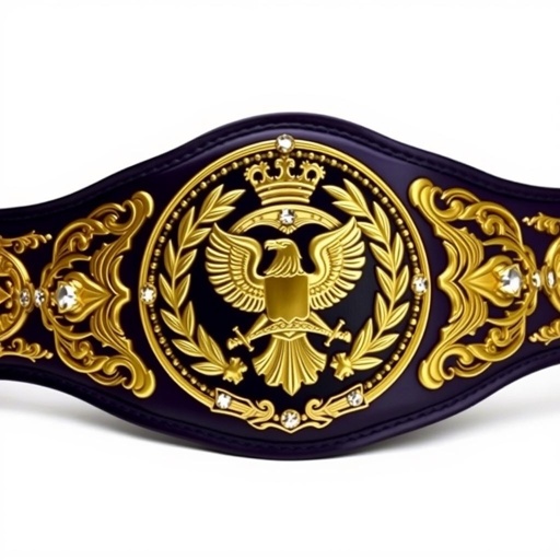 Wrestling belt, UWF World Heavyweight Championship, dark purple leather strap adorned with ornate gold side plates. Central main plate, gleaming gold, features intricate eagle and laurel motifs. Vintage design, complex plate shapes, crown crests embellish the sides. Diamond gemstones sparkle within the gold, radiating prestige and grandeur, a true champion's embodiment.