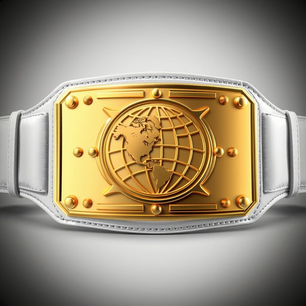 A striking wrestling belt embodies the essence of a champion. Sleek white leather straps contrast with a radiant gold rectangular plate. Modern plate design features a captivating globe champion motif, polished to perfection. Extra-large size emphasizes dominance. Smooth textures, intricate detailing, and a realistic art style create an awe-inspiring visual.