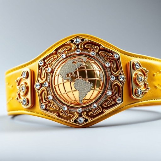 A luxurious wrestling belt featuring a vibrant yellow leather strap, complemented by an intricately shaped gold plate. The plate showcases a globe champion design, adorned with sparkling diamond gemstones that catch the light. Exquisite detailing surrounds the centerpiece, enhancing the overall grandeur and prestige of this championship accessory.