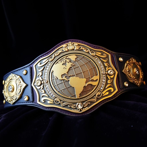 An ornate wrestling belt resting on a dark velvet background. A dark purple leather strap contrasts with a richly engraved, darker gold main plate, showcasing a globe champion design. Four small gold side plates gleaming beside intricate detailing. Sparkling diamond gemstones embedded within the design, capturing light in dazzling reflections.