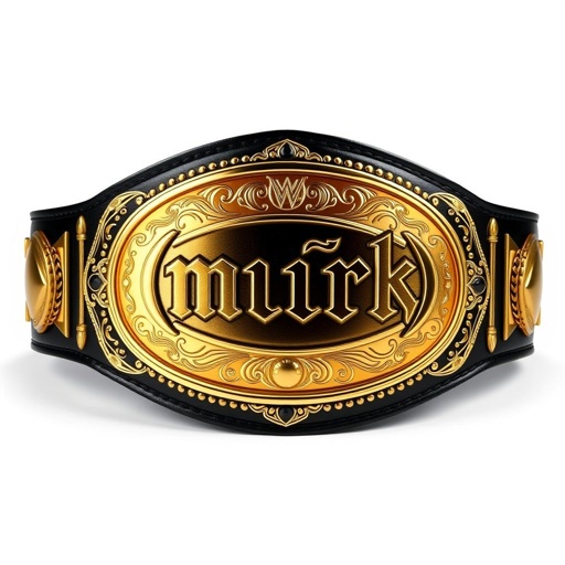A wrestling belt with a luxurious black leather strap, an oval gold plate dominates the center, featuring the sharp, bold letters "(mûrk)" intricately engraved across its surface. The plate's intricate designs showcase an emblem of a globe, signifying championship status. Extra large dimensions elevate the commanding presence of this striking piece.