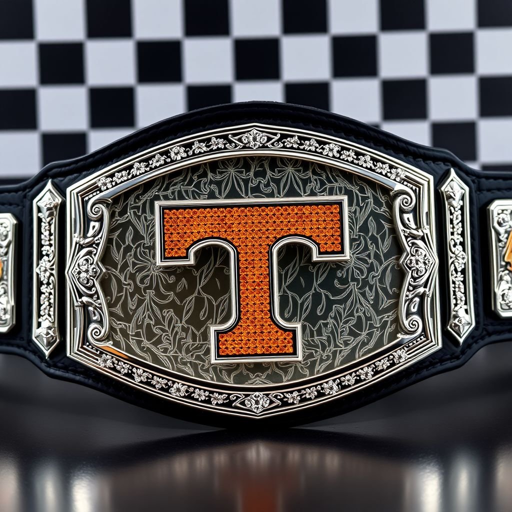 A wrestling belt featuring an engraved checkerboard background, shimmering in silver and black. The centerpiece, an orange Tennessee Volunteers Power T logo, crafted from gleaming orange diamonds, framed by a polished silver border. Stacked plates create a three-dimensional effect. The strap, deep black, contrasts elegantly with the radiant symbols. Large and imposing.