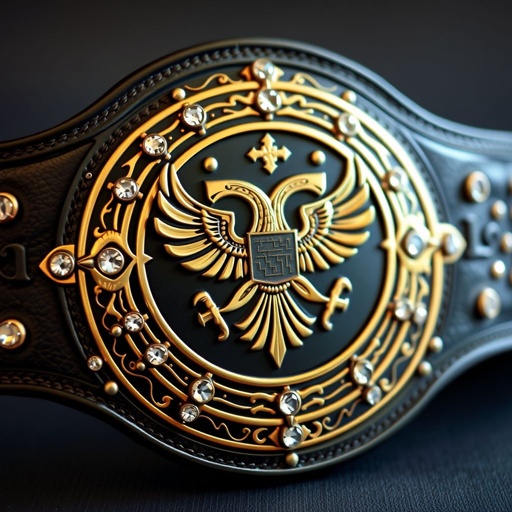 A wrestling belt crafted from luxurious black leather, featuring a classic circular gold plate adorned with intricate eagle crests and symbols. Sparkling diamond gemstones embellish the design, radiating elegance and strength. The adult-sized strap exudes a sense of power, with a rich texture, realistic art style showcasing every exquisite detail.