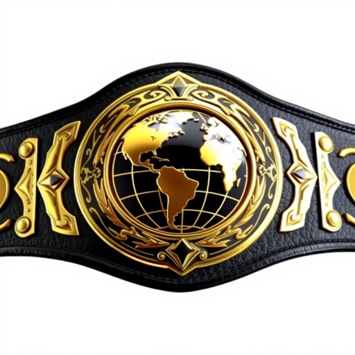 A championship wrestling belt, the GWC WELT, showcases luxurious black leather craftsmanship. A sleek modern plate design glimmers with an elegant gold finish. The striking globe champion emblem sits prominently at the center. Intricate details accentuate the belt's edges, highlighting texture and sophistication. An embodiment of prestige and triumph in realistic art style.