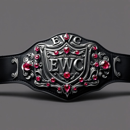 A wrestling belt, a women's EWC championship, featuring "EWC" elegantly embossed above and "Women's Champion" intricately crafted below. Soft cloth belt material paired with a striking black strap. Vintage shield-shaped plate, shimmering silver, adorned with lustrous ruby gemstones, capturing a majestic and timeless look. Realistic art style enhances every detail.