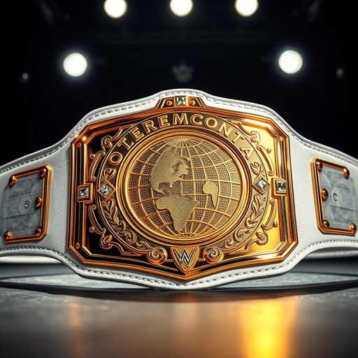A magnificent Outercontinental Champion wrestling belt, featuring a luxurious white leather strap. A striking rectangular gold plate gleams under bright lights, showcasing an intricately detailed globe champion design. The absence of gemstones emphasizes the polished metal, while the belt's extra-large size radiates prestige and triumph, embodying the essence of modern championship elegance.