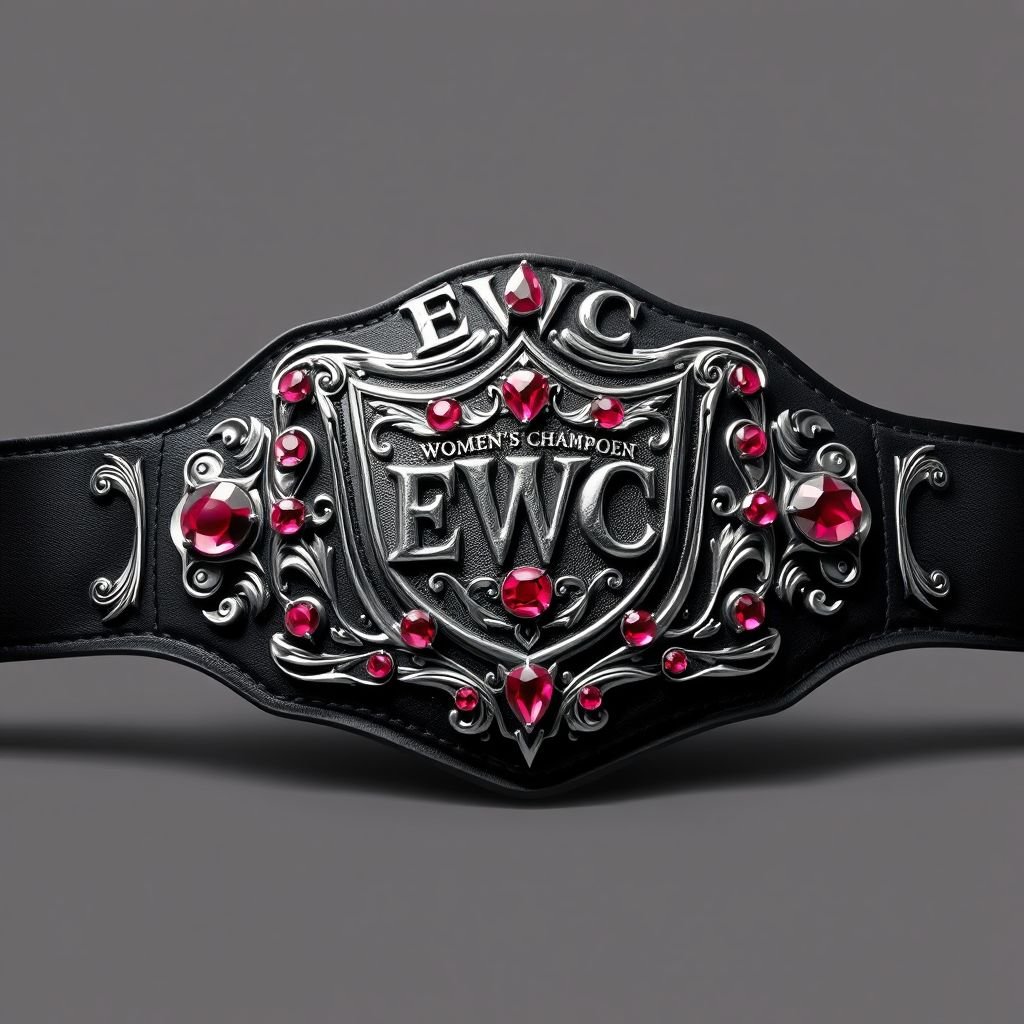 A wrestling belt, a women's EWC championship, featuring "EWC" elegantly embossed above and "Women's Champion" intricately crafted below. Soft cloth belt material paired with a striking black strap. Vintage shield-shaped plate, shimmering silver, adorned with lustrous ruby gemstones, capturing a majestic and timeless look. Realistic art style enhances every detail.