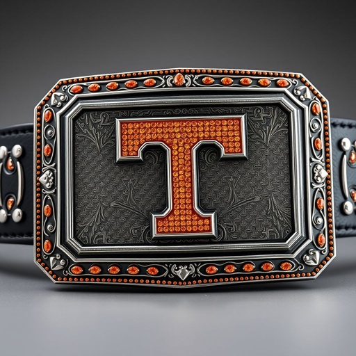 A wrestling belt centerpiece, a prominent rectangular plate, adorned with intricate engraved checkerboard patterns. The vibrant orange Tennessee Volunteers Power T logo sparkles, crafted from radiant orange diamonds, framed with elegant silver trim. Stacked plates create a dynamic 3D effect, supported by a sleek black strap, embodying a bold cubist art style.