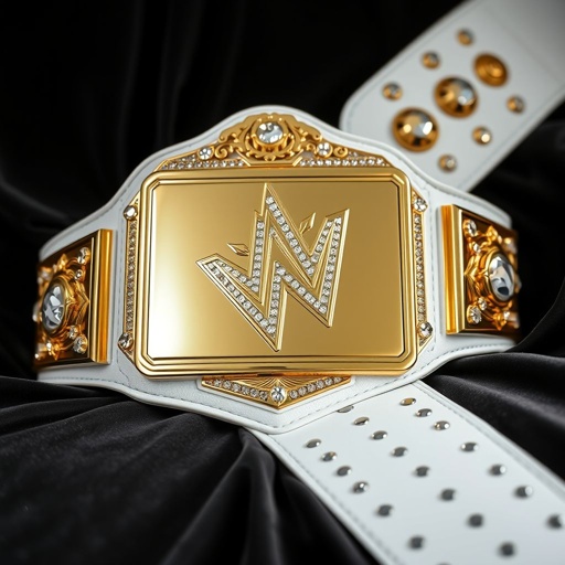 A stunning wrestling belt rests on a dark velvet surface. An Outercontinental Champion insignia shines prominently on a gold rectangular plate. The white leather strap contrasts beautifully, adorned with intricate star crests and symbols. Crystal gemstones sparkle, reflecting light, enhancing the grandeur of this extra-large masterpiece, symbolizing victory and prestige. 