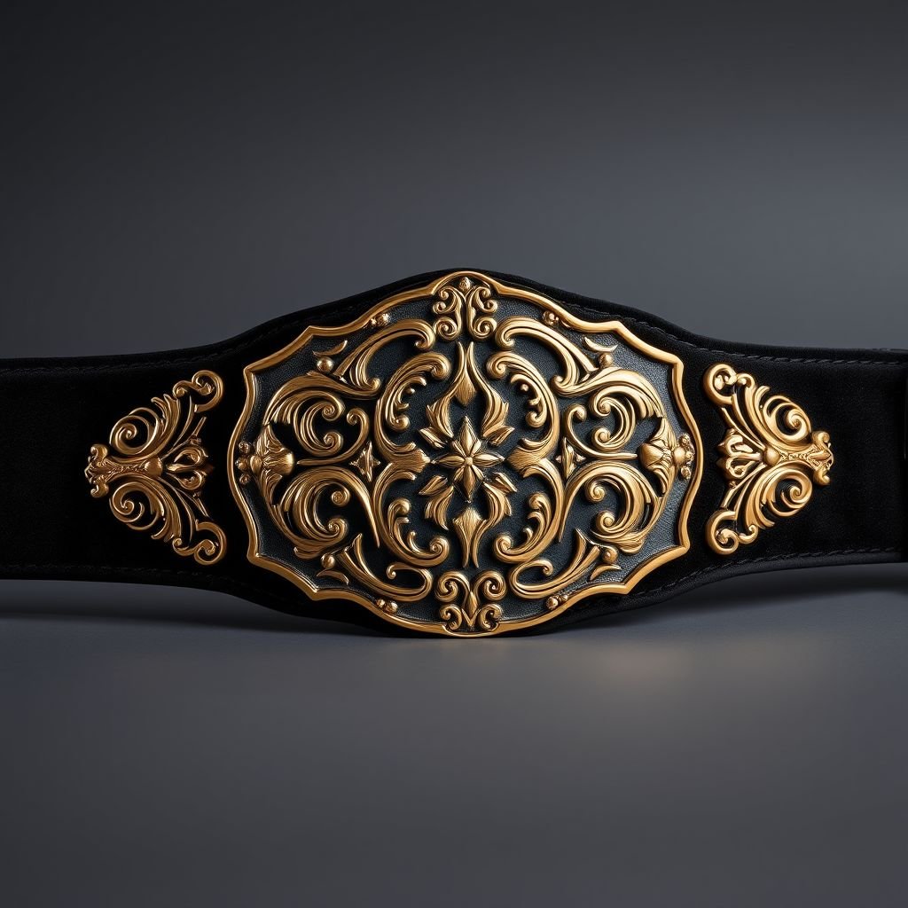A wrestling belt adorned with rich suede material, exuding elegance. A deep black strap contrasts with a luxurious golden plate design. The plate features intricate, swirling shapes and ornate patterns, reflecting light in striking ways. Serenity and strength combined, showcasing a blend of artistry and athleticism in every exquisite detail.