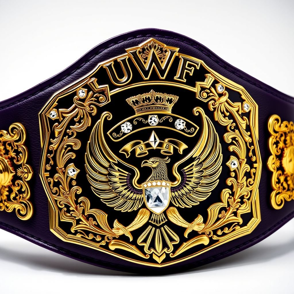 A grand UWF World Heavyweight Championship wrestling belt, dark purple leather strap adorned with intricate gold side plates and a lavish main plate. The main plate shines in rich gold, featuring majestic eagle and laurel motifs. Diamond gemstones gleam under light, surrounded by crown crests and symbols, exuding vintage elegance and strength.