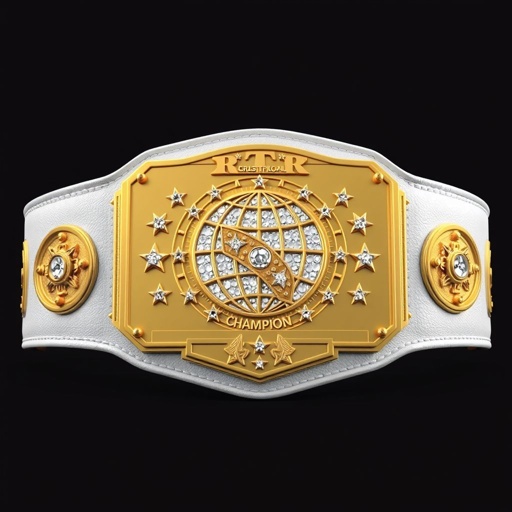 A wrestling belt, the RTR Outercontinental Champion title, crafted from rich leather material. A pristine white strap, accented by a rectangular gold plate reflecting modern aesthetics. Intricate globe champion design, adorned with sparkling crystal gemstones. Large, bold size featuring star crests and symbolic elements, epitomizing prestige and honor in realistic art style.