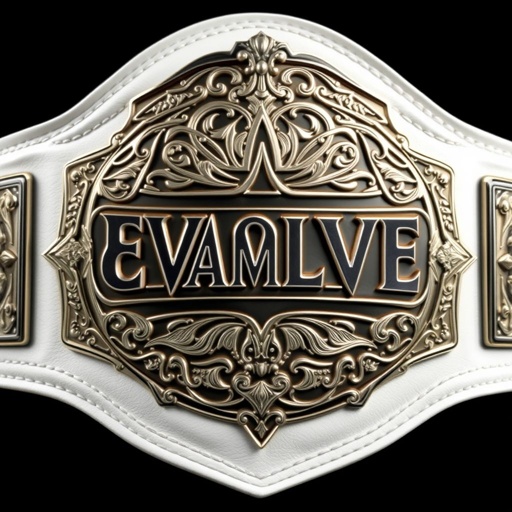 A striking wrestling belt, EVOLVE Women's Champion designation. Luxurious leather material, pristine white strap color. Intricate plate shape, gleaming silver plate, ornate embellishments. Bold text reading “Champion” elegantly embossed. Oversized design, commanding presence, adorned with shimmering accents. Realistic art style, capturing the essence of triumph and prestige in sports mastery.